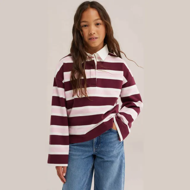 WE Fashion gestreepte longsleeve met polokraag donkerrood donkerrood/roze/wit