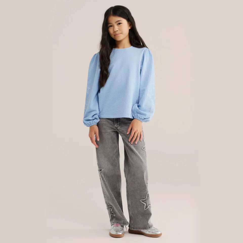 WE Fashion blousetop lichtblauw met borduursels en sterren