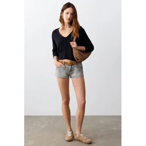 Mango low waist jeansshort grijs denim, foto 6
