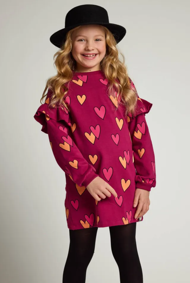 LOOXS little sweatjurk met ruches en hartjes donkerrood