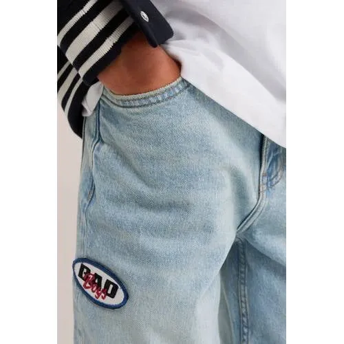 WE Fashion Bad Boys junior wide leg jeans met patches - light blue denim, foto 4