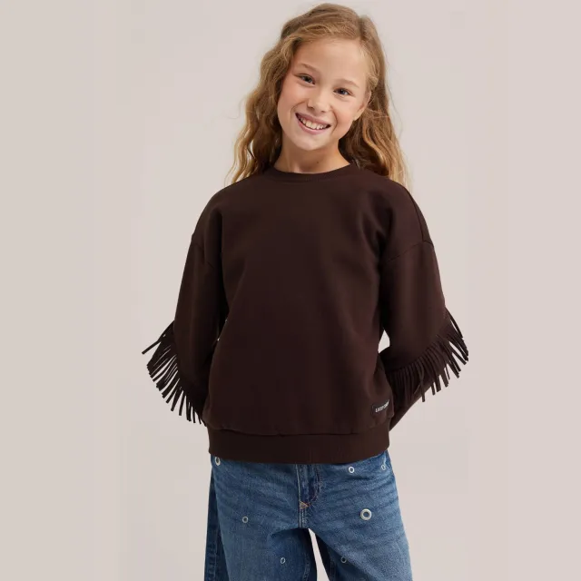 WE Fashion sweater met franjes - donkerbruin