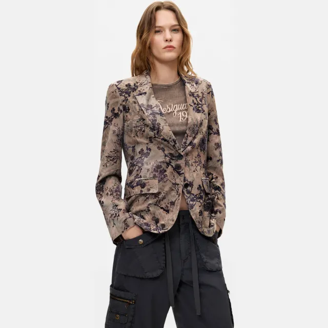 Desigual regular blazer met print - grijsbruin