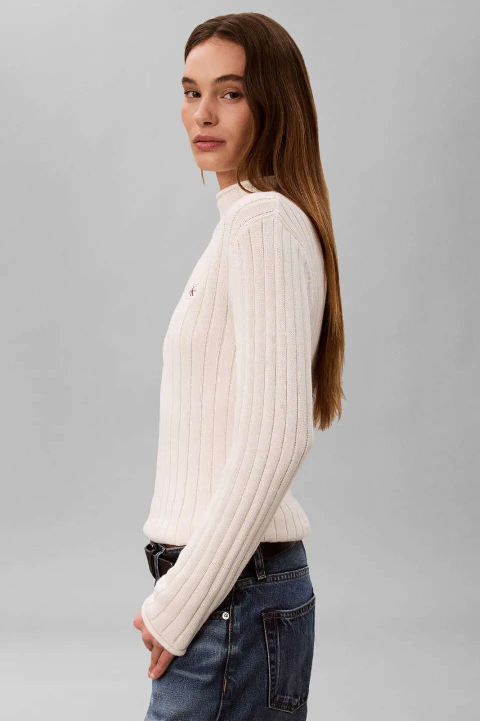 Calvin Klein JEANS katoenen gebreide trui met logo - ecru, foto 5
