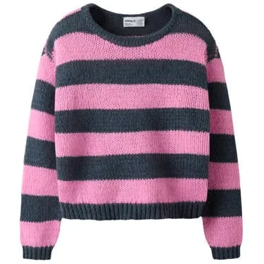 NAME IT KIDS rechtvallende gestreepte gebreide trui - roze Meisjes Polyester Ronde hals Roze/antraciet