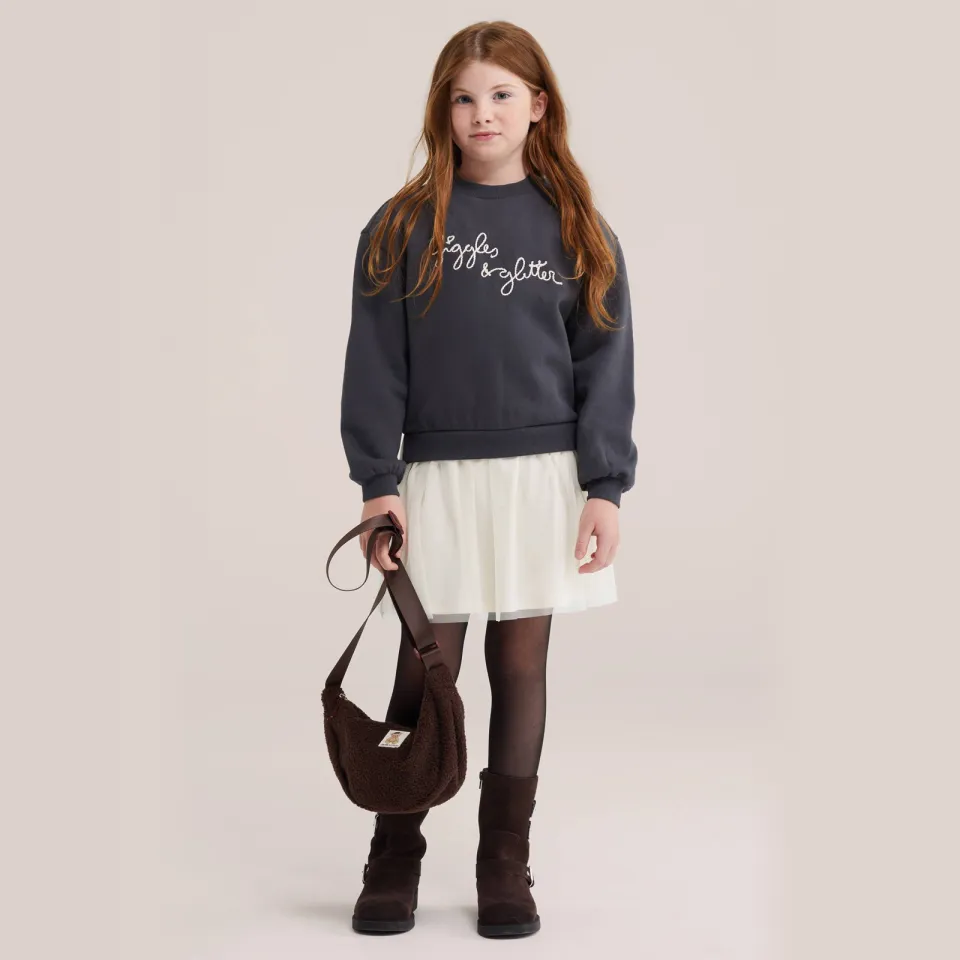 WE Fashion midi sweatjurk met tule donkergrijs wit donkergrijs/wit