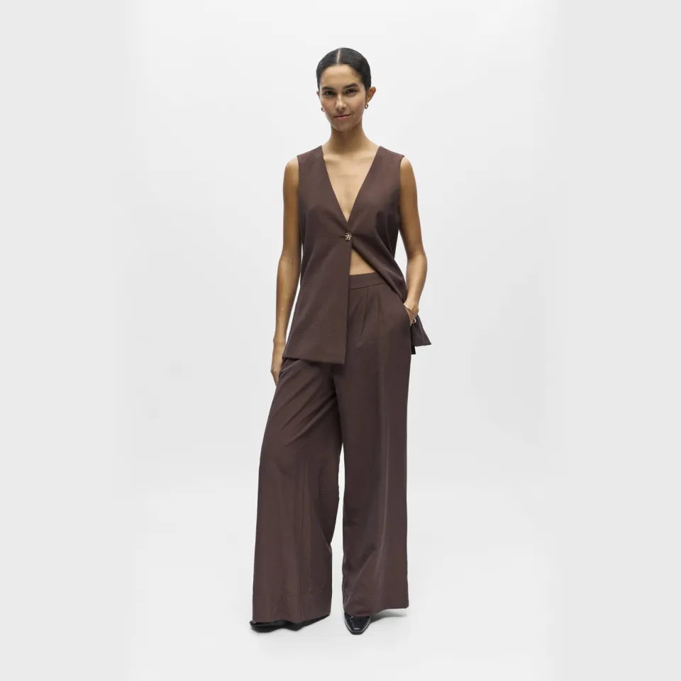 Object wide leg high waist casual broek donkerbruin