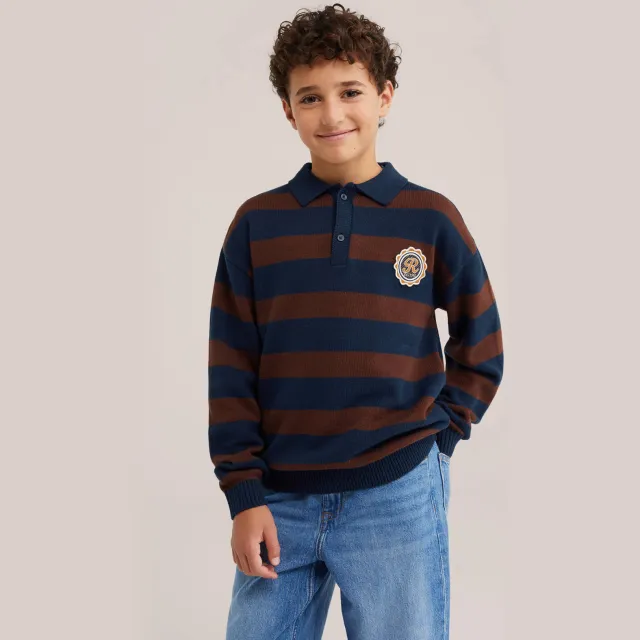 WE Fashion katoenen gebreide gestreepte trui met patches - donkerblauw/bruin