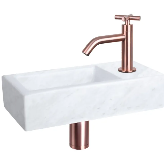 Differnz Fonteinset Differnz Helios 37.5x18.5x9.5 cm Marmer Wit Met Gebogen Kruis Kraan Rood Koper