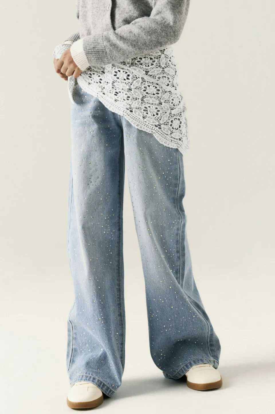 NAME IT KIDS NKFBELLA wide leg jeans met strass-steentjes en print - lichtblauw Light blue denim