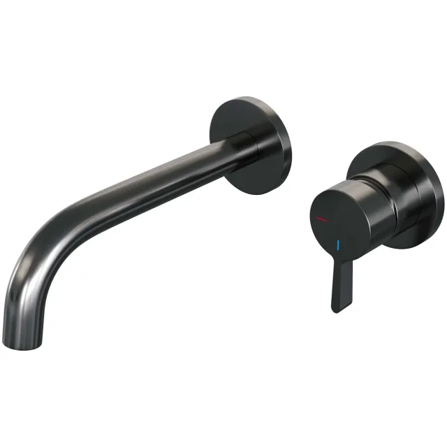 Brauer Inbouw Wastafelmengkraan Brauer Gunmetal Edition Coldstart Gebogen Uitloop Halfronde Hendel Rechts Geborsteld Gunmetal PVD Met Rozetten