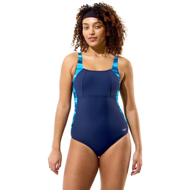 Speedo Lunalustre Printed Shaping badpak donkerblauw donkerblauw/turquoise