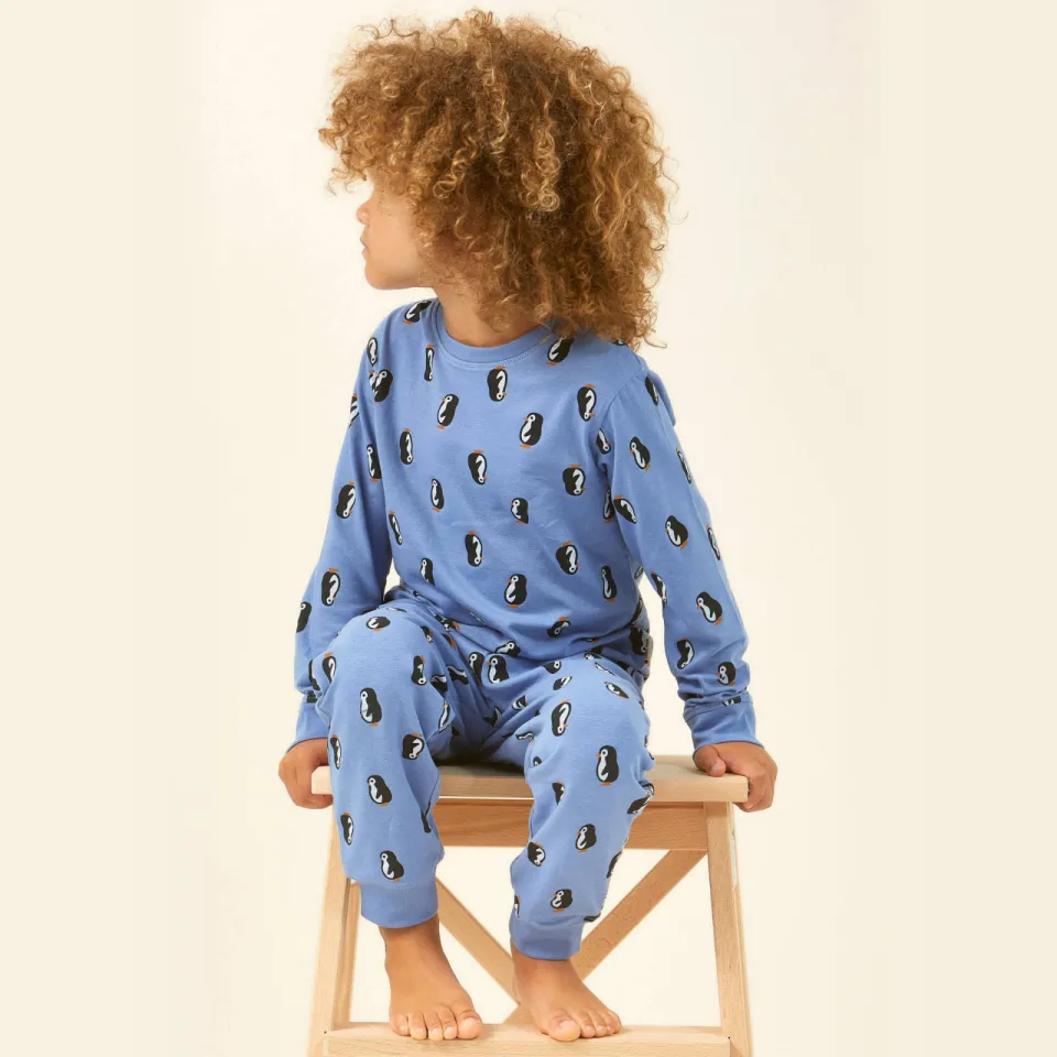 Little Label pyjama met pinguïn print ronde hals blauw Blauw/zwart