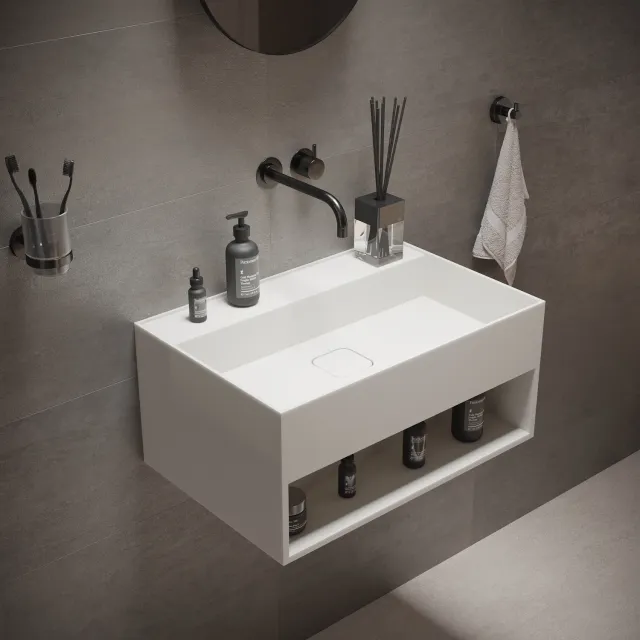 Ideavit Fontein Ideavit Solidbliss 60x40x28 cm Solid Surface Handdoek Opberg Mogelijkheid Mat Wit