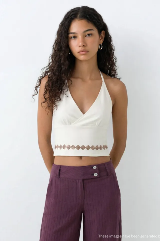 Mango cropped haltertop met borduursels wit, foto 3