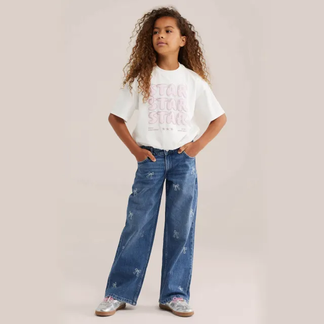 WE Fashion Blue Ridge wide leg jeans met strass-steentjes en print - mediumblauw Medium blue denim