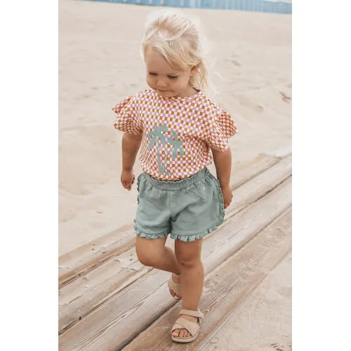 Your Wishes Mini Check Ruffle t-shirt lila oranje wit Lila/oranje/wit