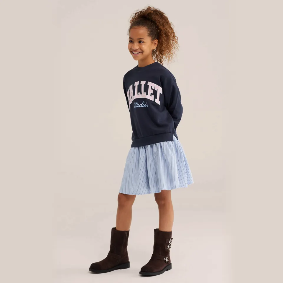 WE Fashion gestreepte sweatjurk met tekst donkerblauw donkerblauw/lichtblauw, foto 4