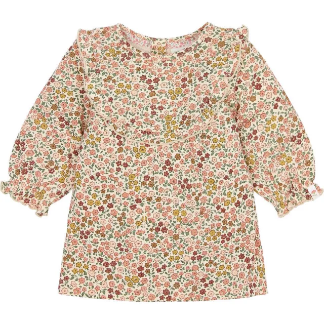 Little Dutch gebloemde jurk met ruches beige Beige/roze/groen