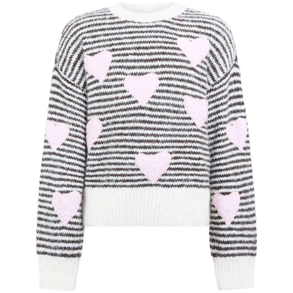 Shoeby gebreide gestreepte trui met hartjes en wol - zwart/wit/roze, foto 2