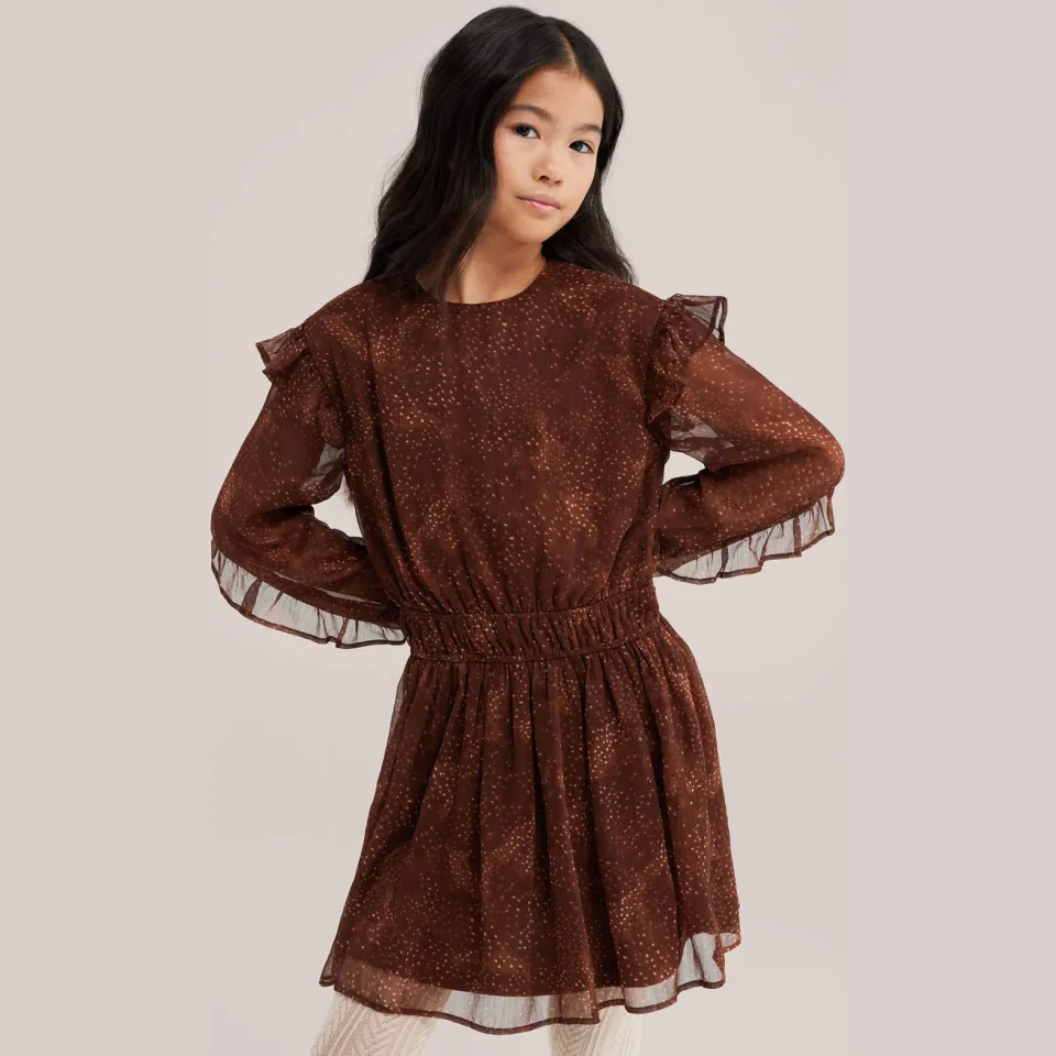 WE Fashion korte jurk met ruches bruin/ecru, foto 3