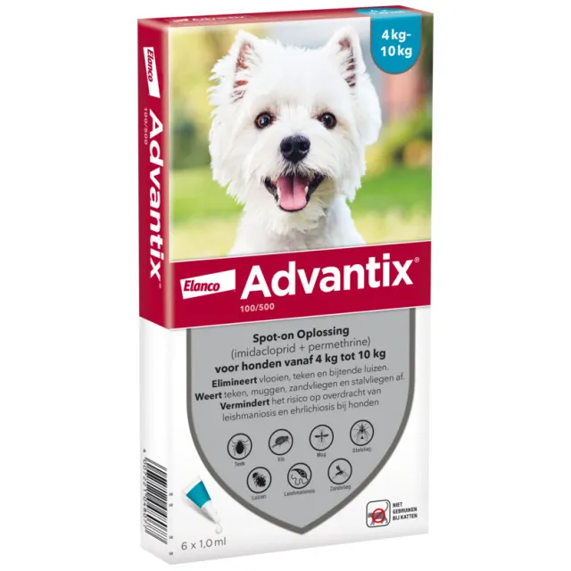 Advantix Spot On 100 Anti Vlooien en Teken Druppels Hond 4 - 10 kg 6 pipetten