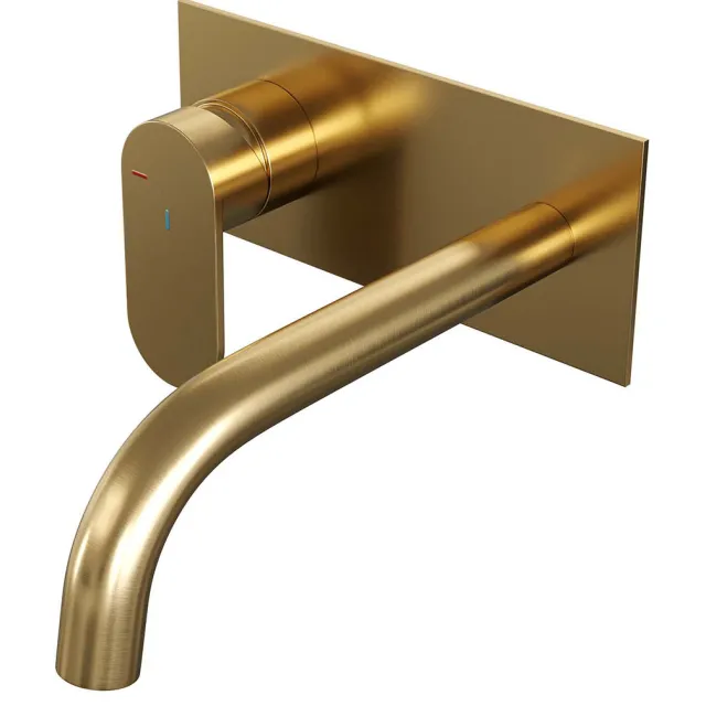 Brauer Inbouw Wastafelmengkraan Brauer Gold Edition Coldstart Platte Hendel Gebogen Uitloop Geborsteld Goud PVD Met Afdekplaat