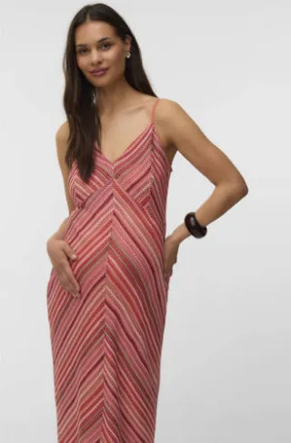 Vero Moda gestreepte gehaakte zwangerschapsmaxijurk koraalrood, foto 4