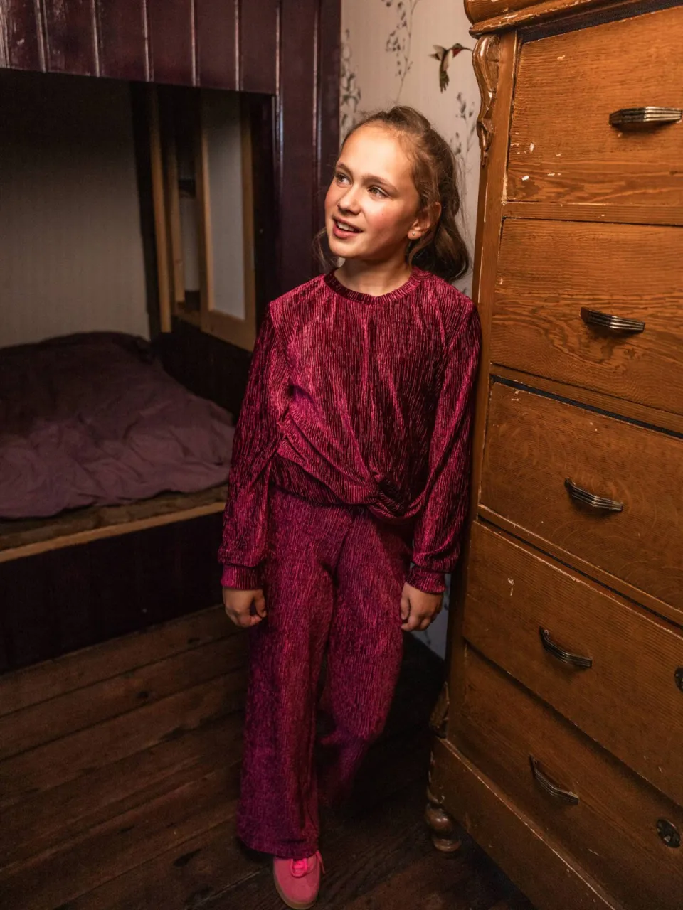 LOOXS little fluwelen loose fit palazzo broek donkerrood