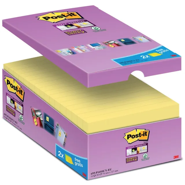 Post-It Memoblok post-it 655 super sticky 76x127mm geel 14+2 gratis
