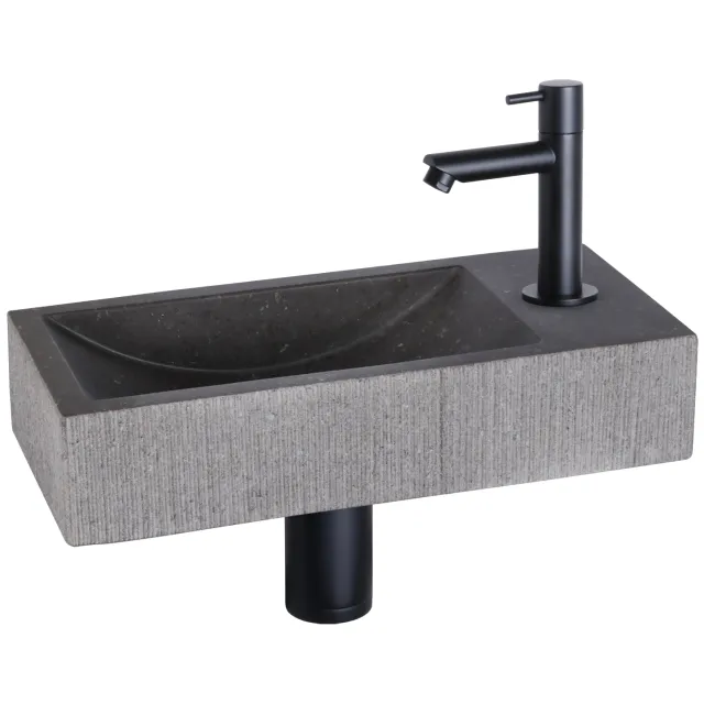 Differnz Fonteinset Differnz Ribble Natuursteen 38x18x8 cm Zwart Met Rechte Kraan Mat Zwart
