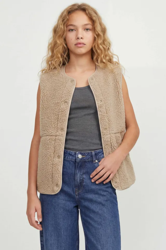 JJXX GIRL teddy rechtvallend gilet - lichtbruin, foto 3