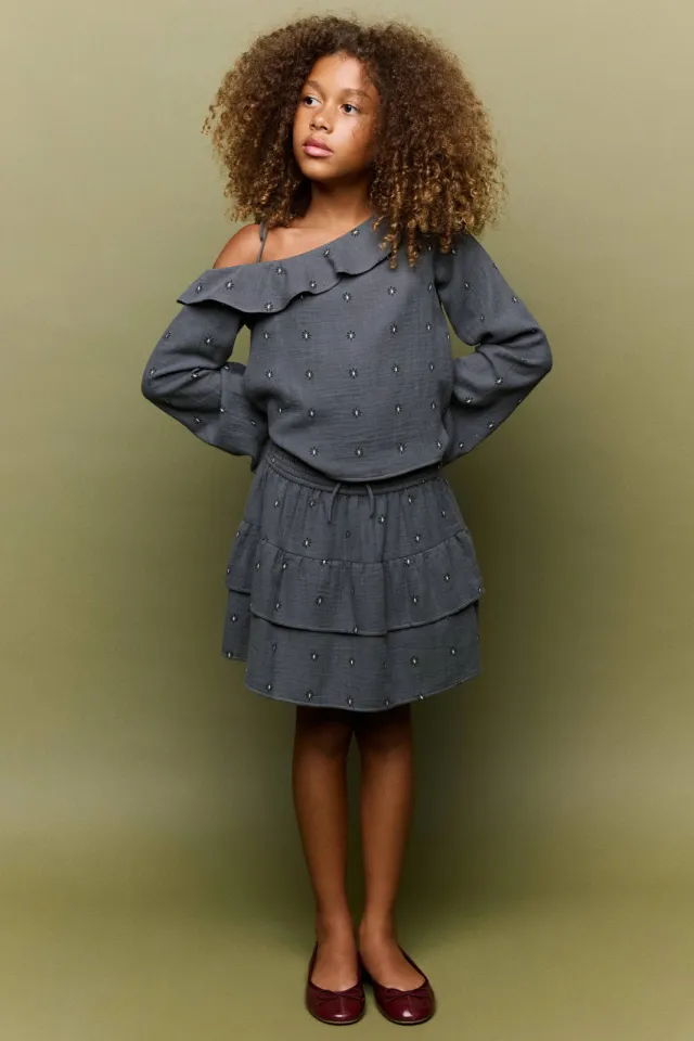 Mango Kids gebloemde midi strokenrok met ruches grijs