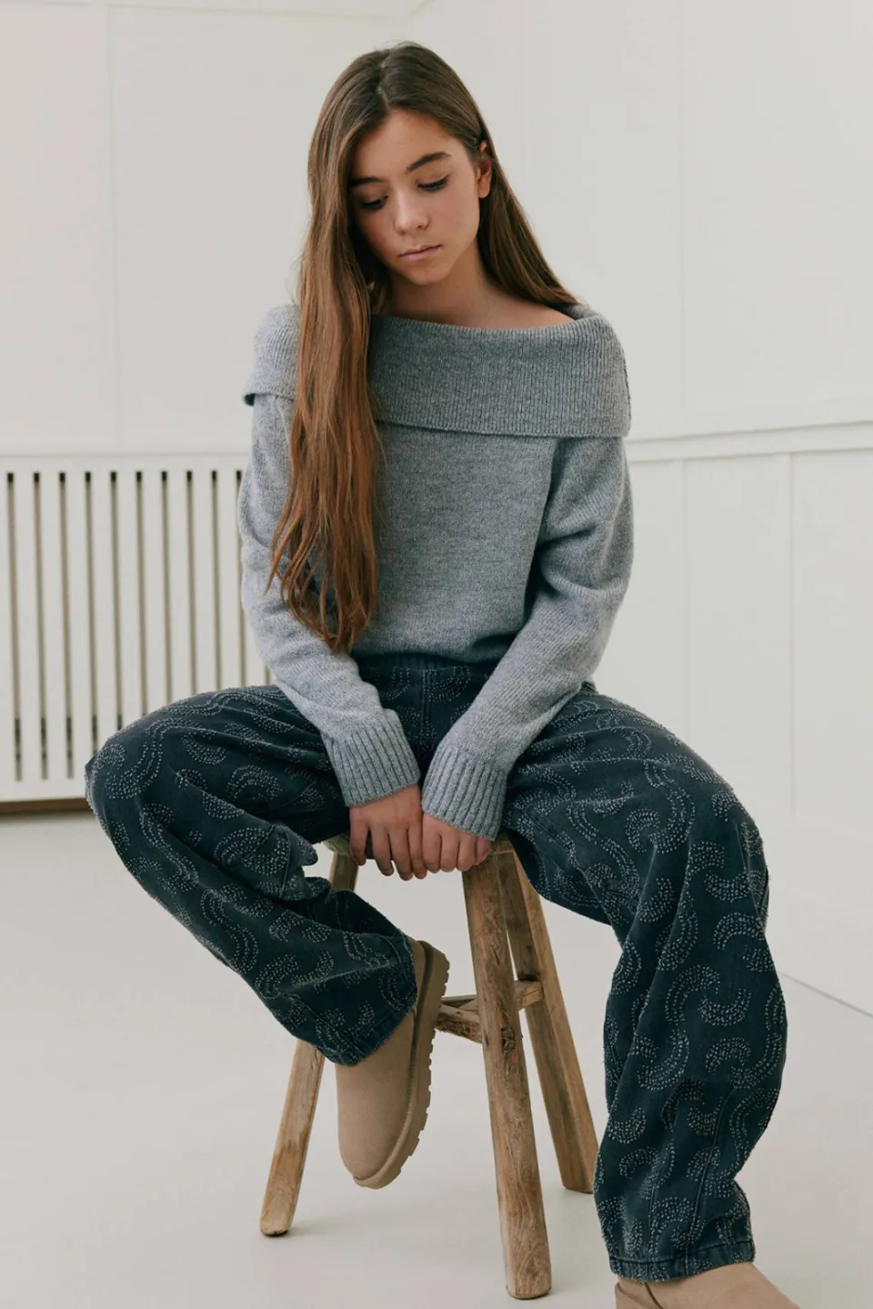 Sofie Schnoor girls off shoulder gebreide trui met wol - grijs Grijs melange