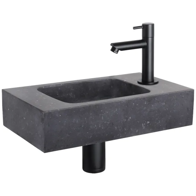 Differnz Fonteinset Differnz Bombai Natuursteen 40x22x9 cm Zwart Met Rechte Kraan Mat Zwart