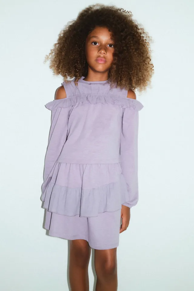 Mango blousetop met open schouders en ruches lila