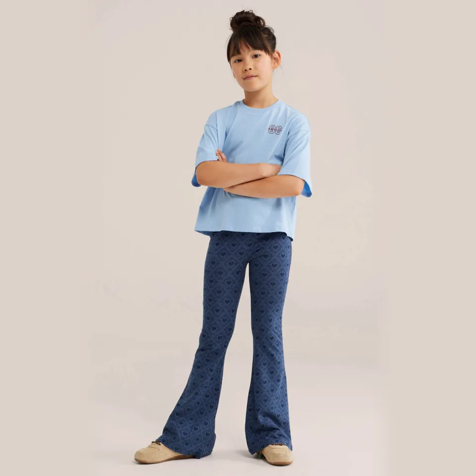 WE Fashion flared legging met hartjes donkerblauw
