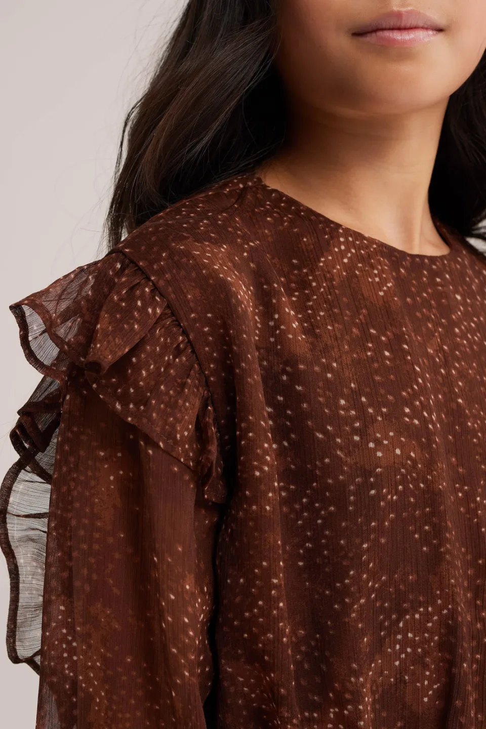 WE Fashion korte jurk met ruches bruin/ecru, foto 6