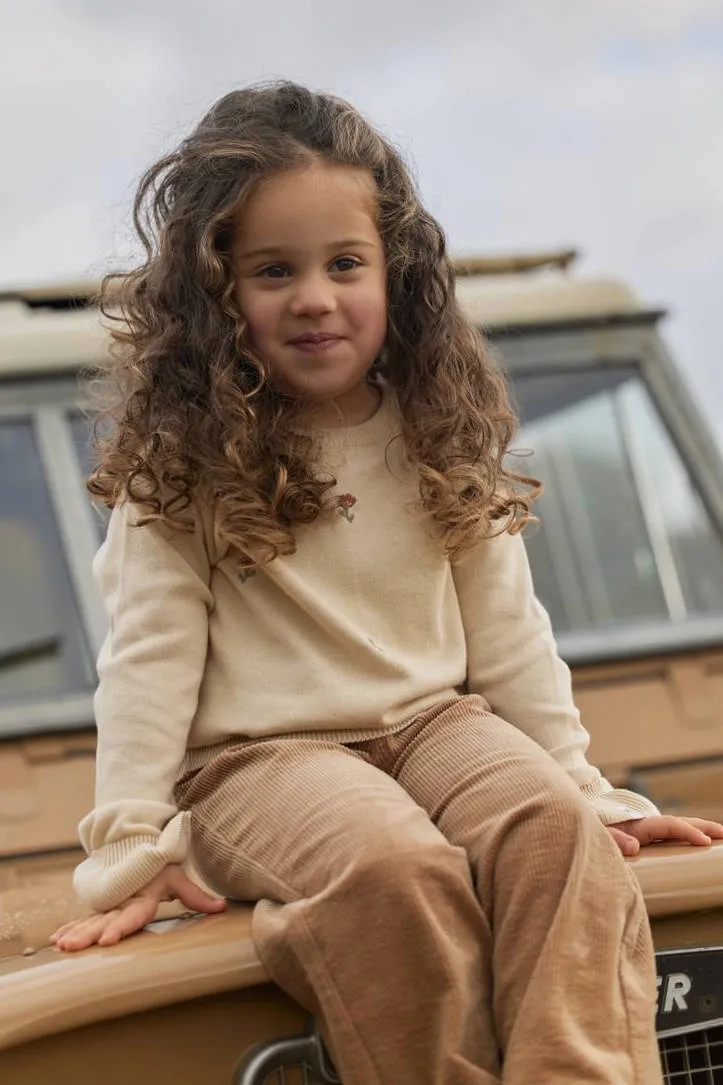 Little Dutch katoenen gebreide gebloemde trui met ruches - beige, foto 5