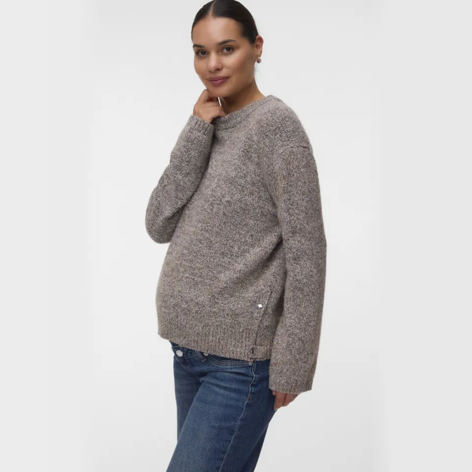 Vero Moda MATERNITY gebreide zwangerschapstrui met split, melée en wol - lichtbruin, foto 3