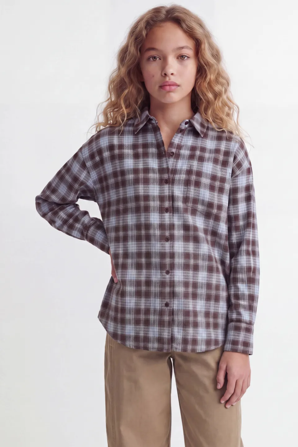 JJXX GIRL JXJAMIE geruite blouse bruin lichtblauw, foto 5