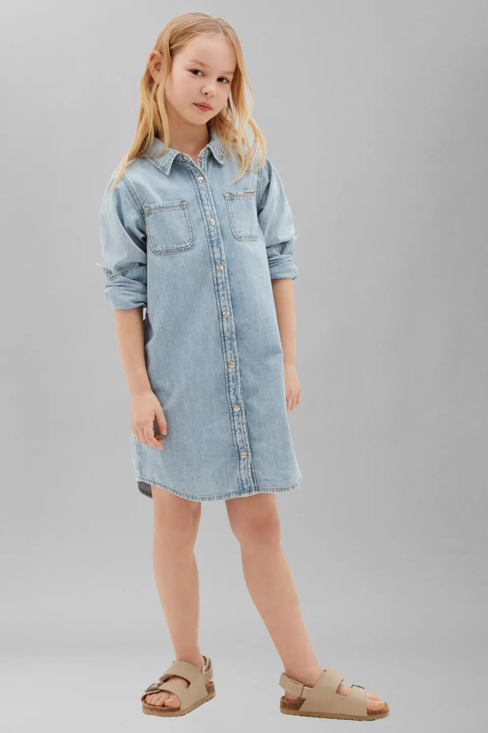 Calvin Klein spijkerjurk met ceintuur lichtblauw Andrew wash
