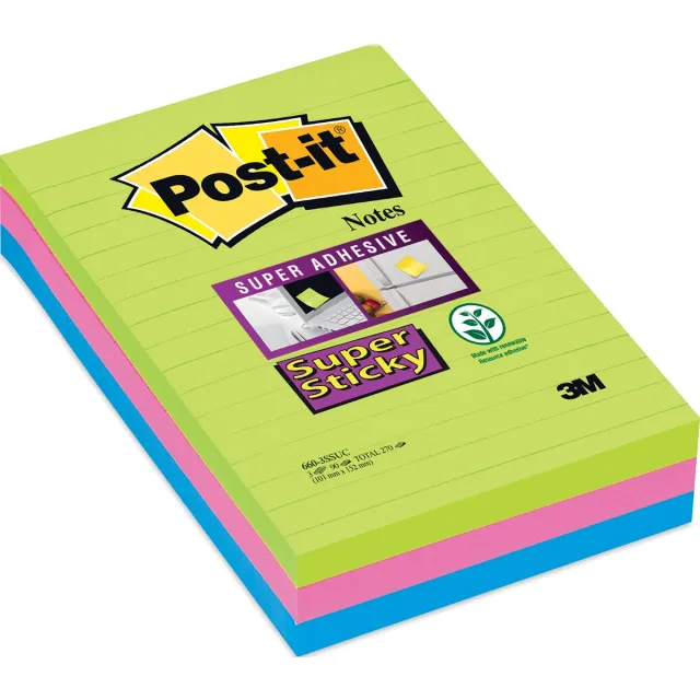 Post-It Memoblok post-it 660 super sticky 102x152mm lijn Rainbow 3 stuks blauw