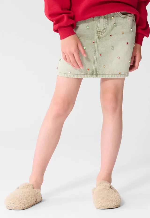 Shoeby spijkerrok met strass-steentjes lichtgroen, foto 4