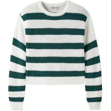 NAME IT KIDS oversized gestreepte gebreide trui - wit Meisjes Acryl Ronde hals Wit/donkergroen