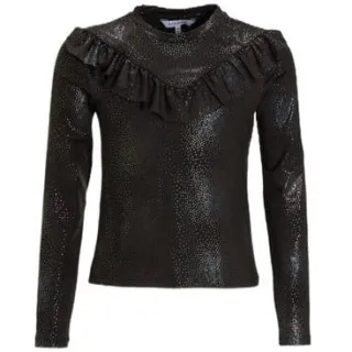 Anytime longsleeve met ruffle zwart Meisjes Polyester Ronde hals Stip