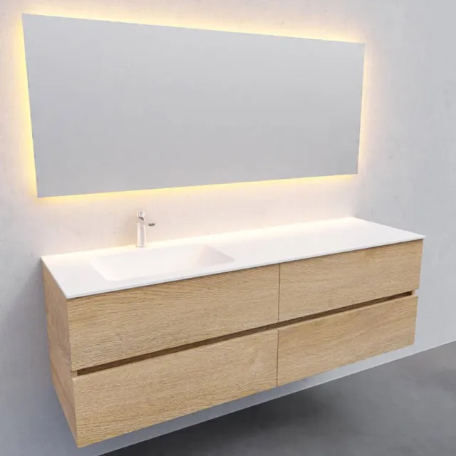 Boss & Wessing Badkamermeubel Solid Surface AQS Oslo 150x46 cm Links Wood Washed Oak 4 Laden Boss & Wessing Houtlook