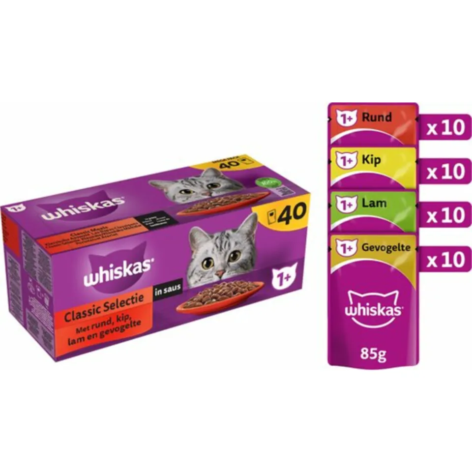 Whiskas 1+ Classic selectie in saus natvoer kat 40 x 85 g, foto 3