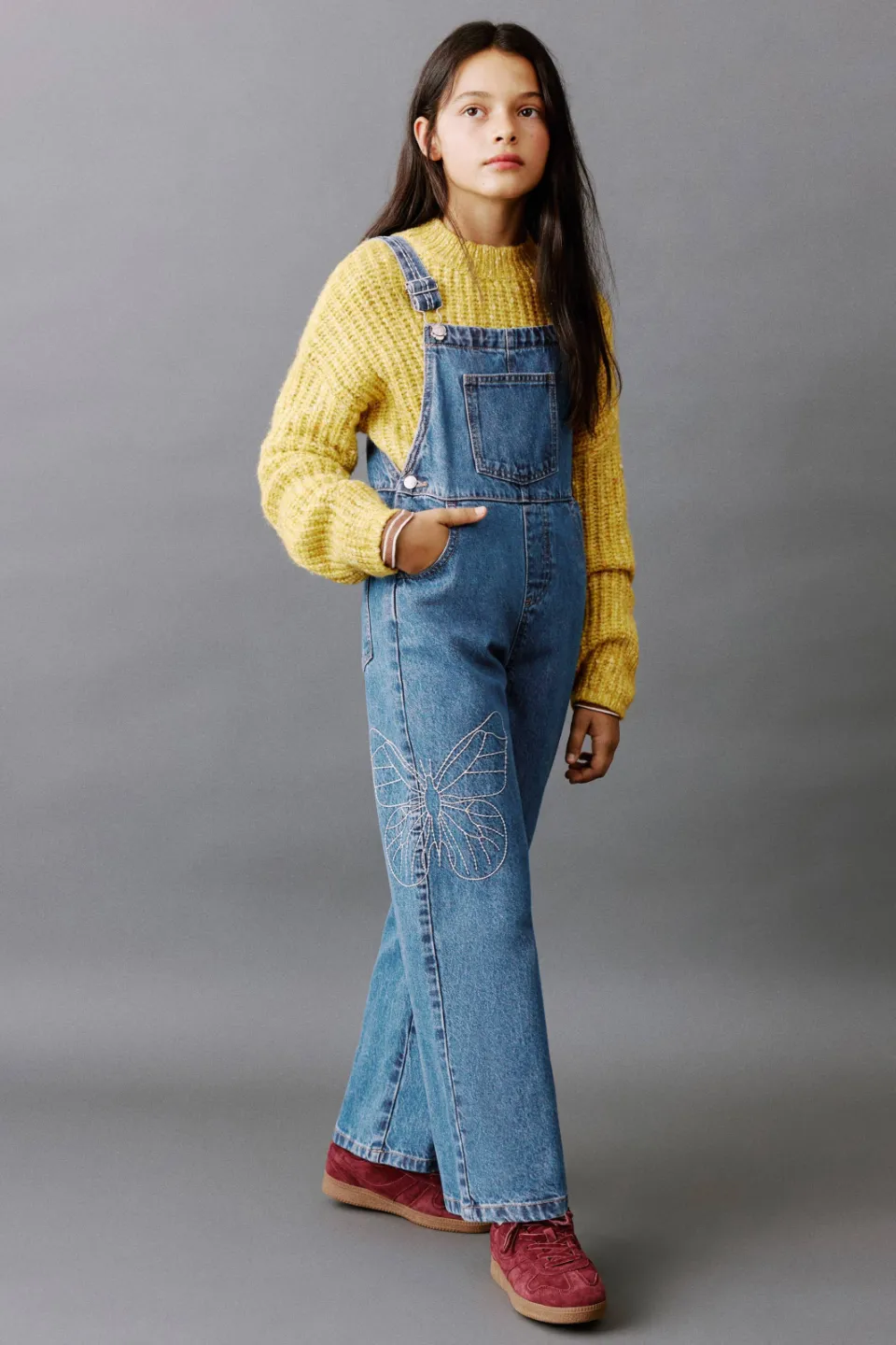 Mango denim straight leg tuinbroek met borduursels medium blue denim, foto 3