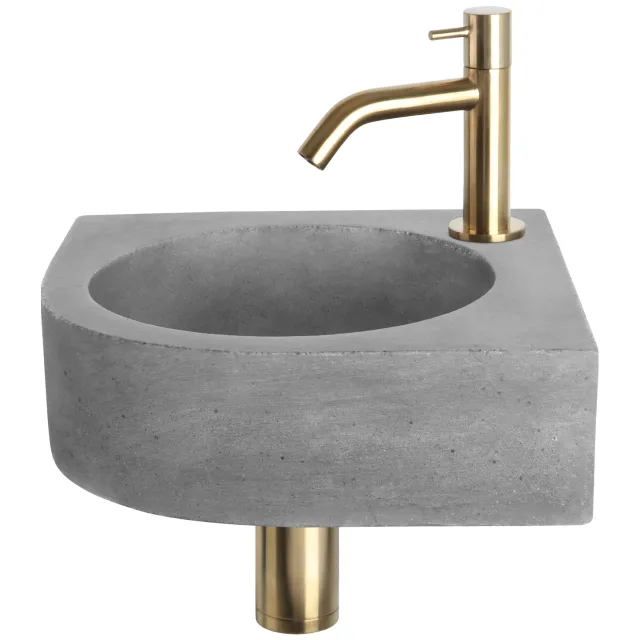 Fonteinset Differnz Cleo 31.5x31.5x10 cm Beton Donker Grijs Met Kraan Gebogen Mat Goud